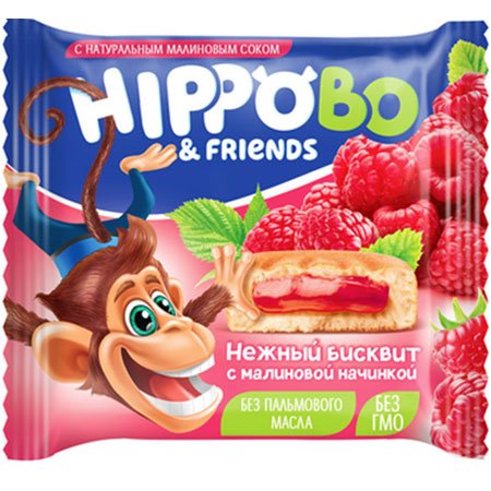 Пирожное бисквитное Hippo Bo&Friends с малиновой начинкой, 32г